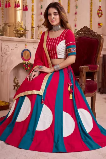 Multicolor Cotton Gamthi Work Lehenga Choli with Dupatta