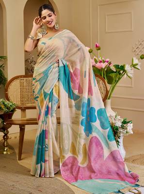 beige shimmer handloom cotton blend digital print saree (sfshmr49) 2