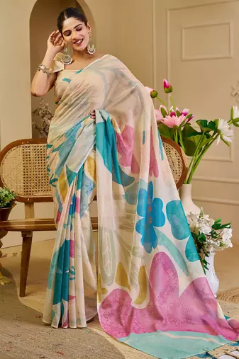 beige shimmer handloom cotton blend digital print saree