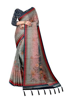 grey blue shimmer handloom cotton blend saree ombre floral border print 2