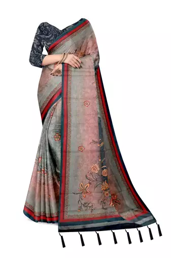 grey blue shimmer handloom cotton blend saree ombre floral border print