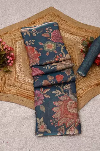 blue shimmer handloom cotton blend saree with floral bouquet print