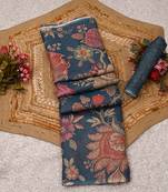 blue shimmer handloom cotton blend saree with floral bouquet print