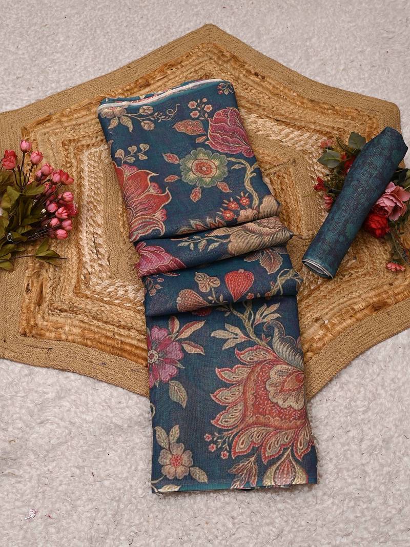 blue shimmer handloom cotton blend saree with floral bouquet print