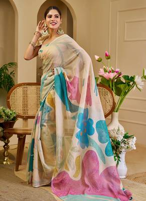 beige shimmer handloom cotton blend digital print saree (sfshmr49) 3