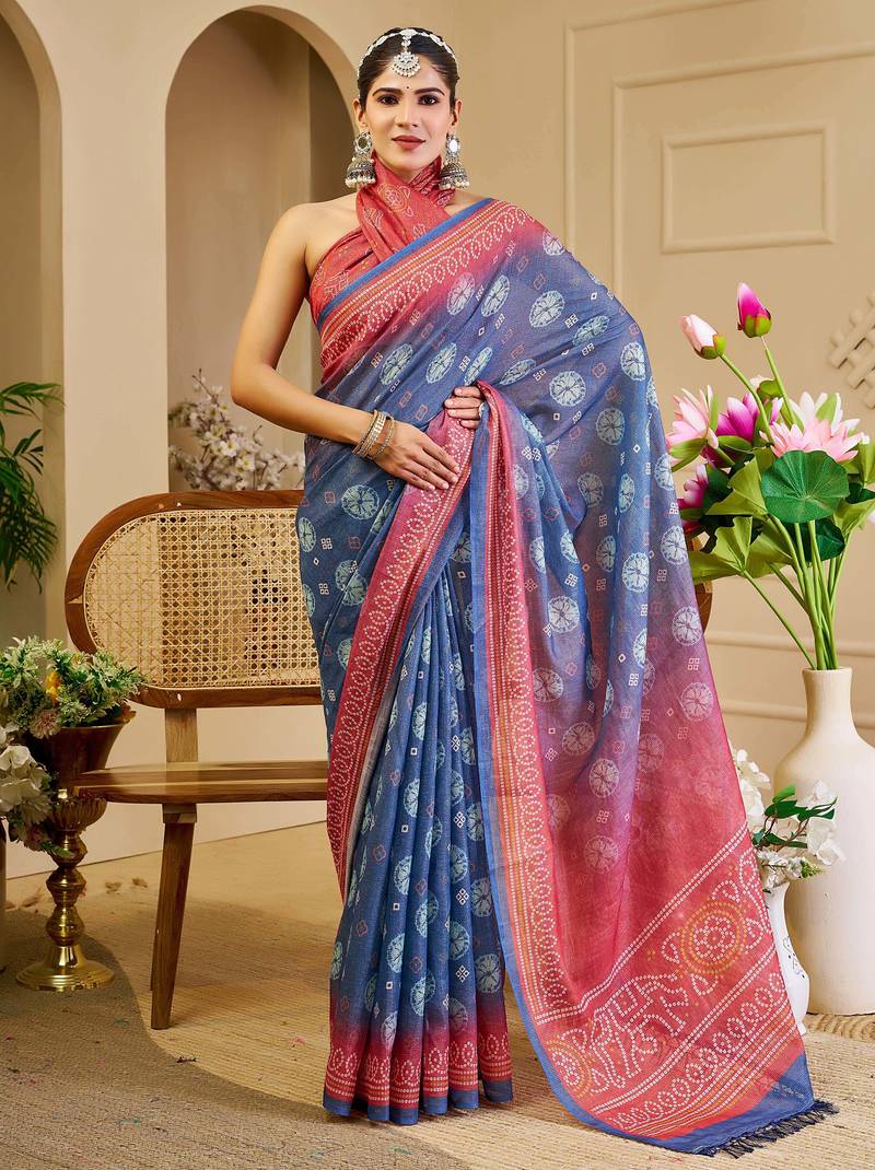 blue pink shimmer handloom cotton blend digital print saree (sfshmr28)