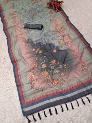 grey blue shimmer handloom cotton blend saree ombre floral border print 3