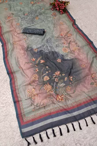 grey blue shimmer handloom cotton blend saree ombre floral border print