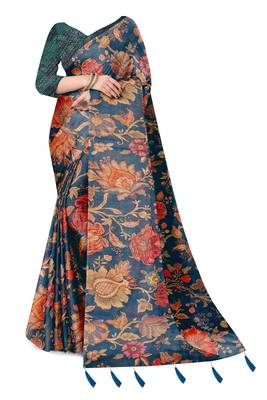 blue shimmer handloom cotton blend saree with floral bouquet print 2