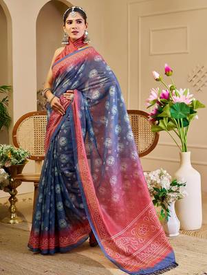 blue pink shimmer handloom cotton blend digital print saree (sfshmr28) 2