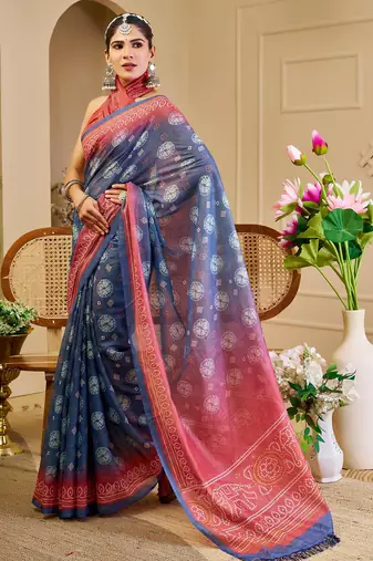 blue pink shimmer handloom cotton blend digital print saree