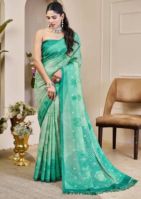 sea green shimmer handloom cotton blend saree bandhani print (sfshmr23) 1