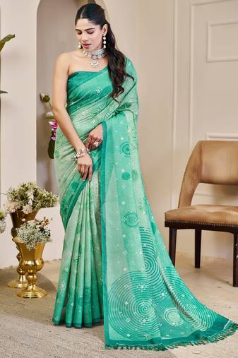 sea green shimmer handloom cotton blend saree bandhani print (sfshmr23)
