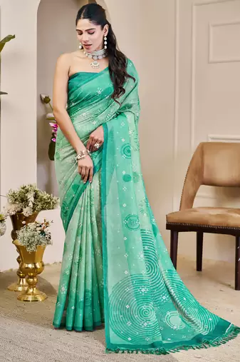 sea green shimmer handloom cotton blend saree bandhani print