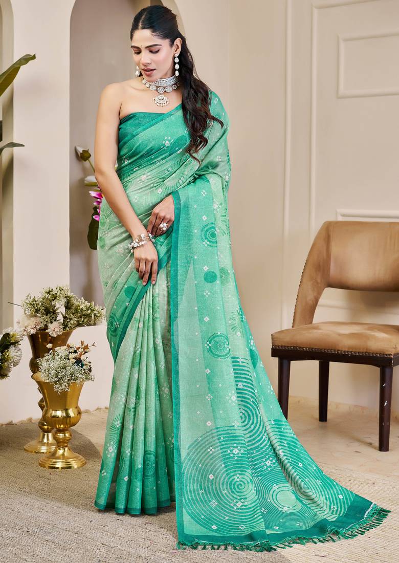 sea green shimmer handloom cotton blend saree bandhani print (sfshmr23)