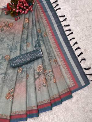 grey blue shimmer handloom cotton blend saree ombre floral border print 4
