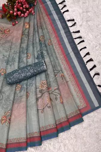 grey blue shimmer handloom cotton blend saree ombre floral border print