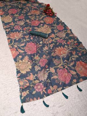 blue shimmer handloom cotton blend saree with floral bouquet print 3