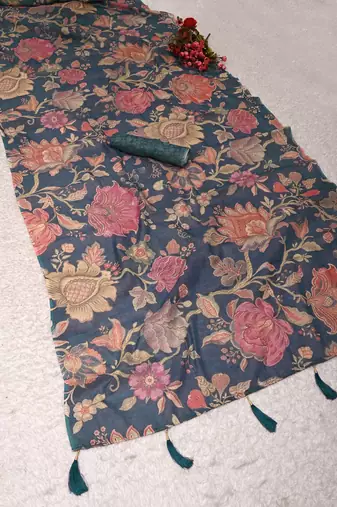 blue shimmer handloom cotton blend saree with floral bouquet print