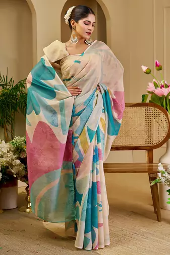 beige shimmer handloom cotton blend digital print saree