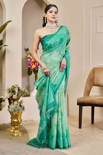 sea green shimmer handloom cotton blend saree bandhani print
