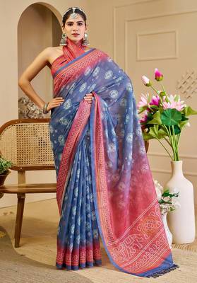 blue pink shimmer handloom cotton blend digital print saree (sfshmr28) 3
