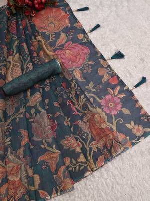 blue shimmer handloom cotton blend saree with floral bouquet print 4
