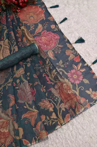 blue shimmer handloom cotton blend saree with floral bouquet print