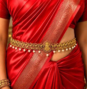 Lakshmi Temple Kamarband, Gold Tone Saree Waist Belt, Pearl Ruby Green Stone Bridal Jewelry 1