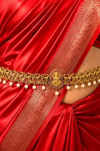 Lakshmi Temple Kamarband, Gold Tone Saree Waist Belt, Pearl Ruby Green Stone Bridal Jewelry