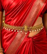 Lakshmi Temple Kamarband, Gold Tone Saree Waist Belt, Pearl Ruby Green Stone Bridal Jewelry