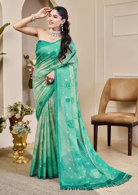 sea green shimmer handloom cotton blend saree bandhani print (sfshmr23) 3