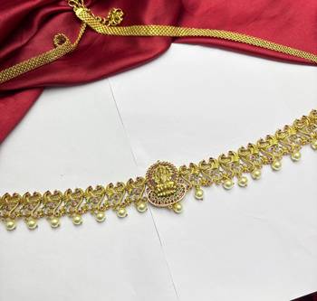 Lakshmi Temple Kamarband, Gold Tone Saree Waist Belt, Pearl Ruby Green Stone Bridal Jewelry 2