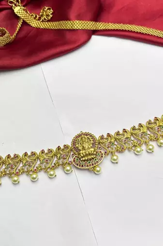 Lakshmi Temple Kamarband, Gold Tone Saree Waist Belt, Pearl Ruby Green Stone Bridal Jewelry