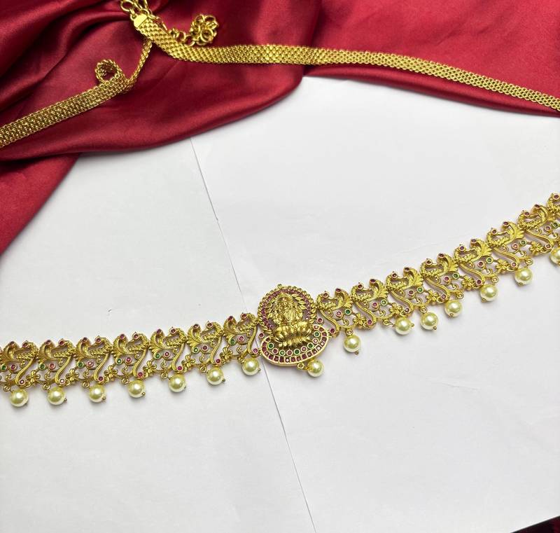 Lakshmi Temple Kamarband, Gold Tone Saree Waist Belt, Pearl Ruby Green Stone Bridal Jewelry