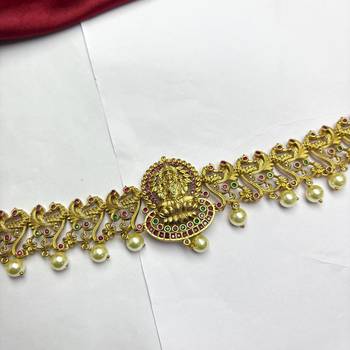 Lakshmi Temple Kamarband, Gold Tone Saree Waist Belt, Pearl Ruby Green Stone Bridal Jewelry 3
