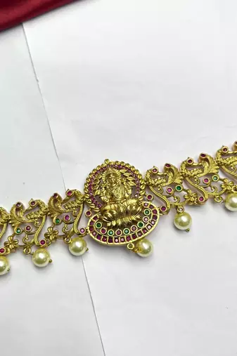 Lakshmi Temple Kamarband, Gold Tone Saree Waist Belt, Pearl Ruby Green Stone Bridal Jewelry
