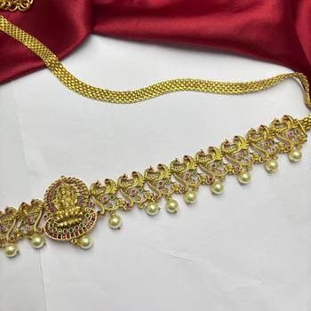 Lakshmi Temple Kamarband, Gold Tone Saree Waist Belt, Pearl Ruby Green Stone Bridal Jewelry 4