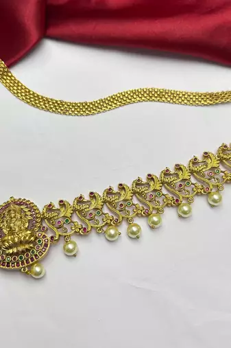 Lakshmi Temple Kamarband, Gold Tone Saree Waist Belt, Pearl Ruby Green Stone Bridal Jewelry