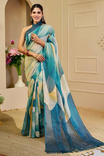 Women's teal turquoise tissue shimmer handloom cotton digital print saree (sfshmr20)