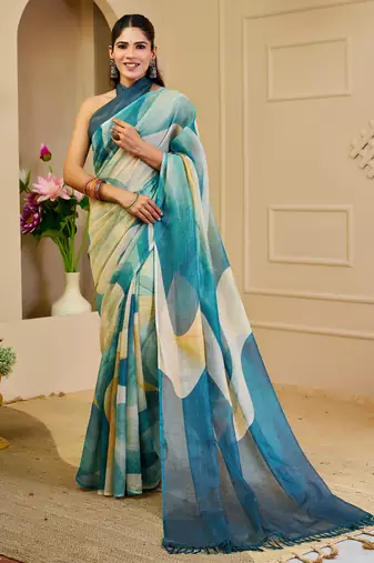 women's teal turquoise tissue shimmer handloom cotton digital print saree