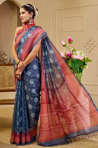 blue pink shimmer handloom cotton blend digital print saree