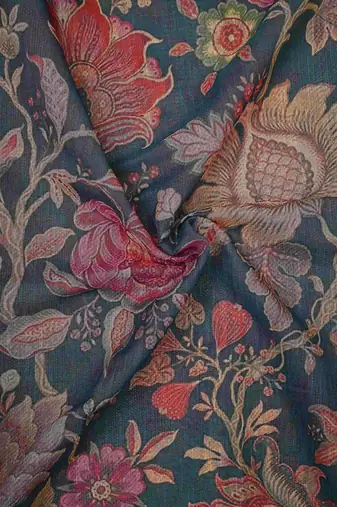 blue shimmer handloom cotton blend saree with floral bouquet print