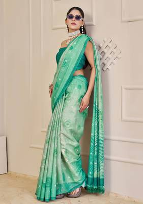 sea green shimmer handloom cotton blend saree bandhani print (sfshmr23) 4