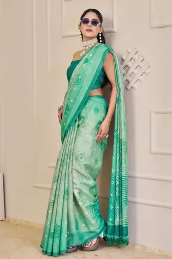sea green shimmer handloom cotton blend saree bandhani print