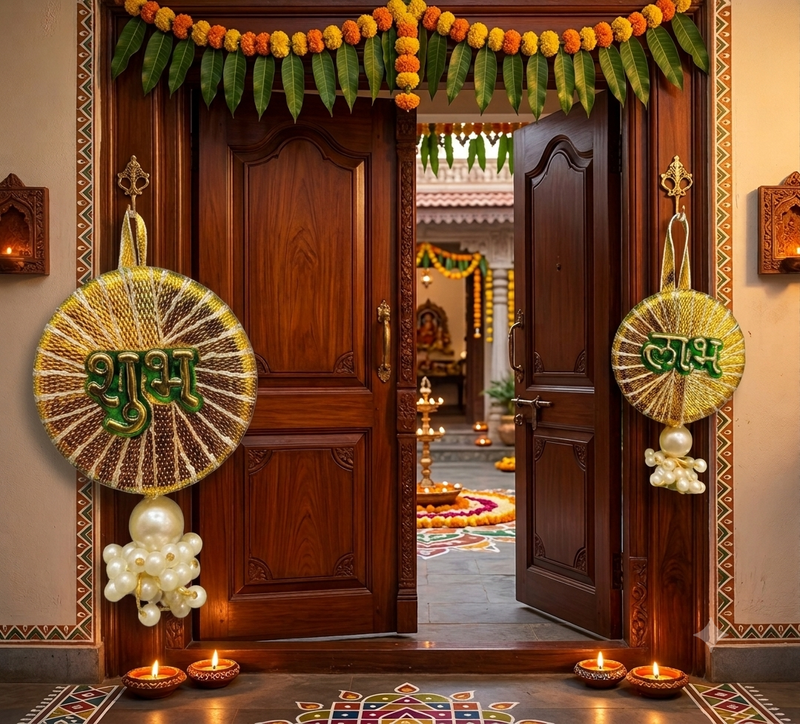 decorative shubh labh sikka chudi latkan hanging perfect handmade toran hanging for main door decor (pack of 2)