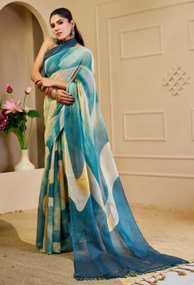 Women's teal turquoise tissue shimmer handloom cotton digital print saree (sfshmr20) 2