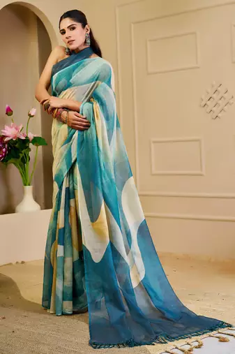 women's teal turquoise tissue shimmer handloom cotton digital print saree
