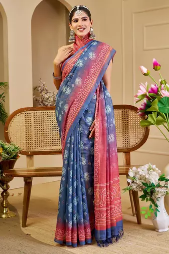 blue pink shimmer handloom cotton blend digital print saree