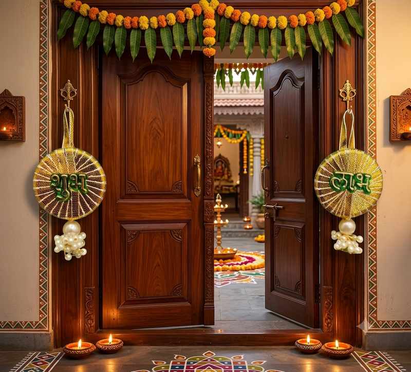decorative shubh labh sikka chudi latkan hanging perfect handmade toran hanging for main door decor (pack of 2)